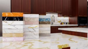 quartz countertop samples with wooden kitchen cabinets